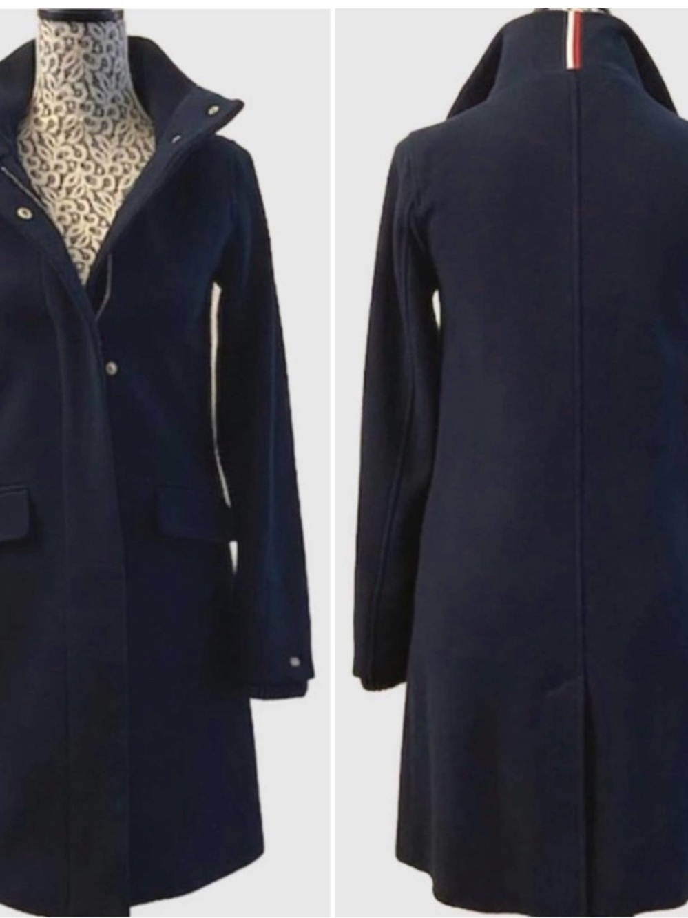 Tommy Hilfiger Women's Navy Wool Blend Coat with Stand Collar